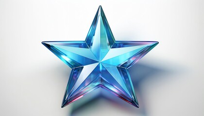 Obraz premium A shimmering blue star with faceted edges, reflecting light and colors vividly against a light backdrop.
