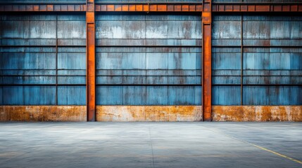 Fototapeta premium A large industrial space with a weathered metal wall and concrete floor, suitable for storage.