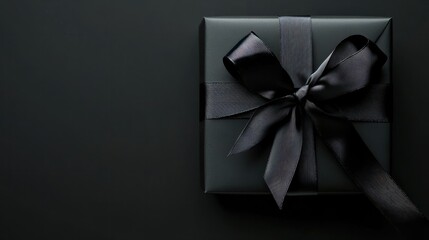 Black friday gift, paper box with silk ribbon bow on black paper background with copy space for text transparent background