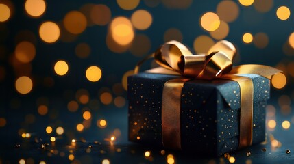 Black gift boxes with golden ribbon bow tag on blurred dark blue background with orange lights. Copy space. New year. Birthday. Black friday discounts concept transparent background