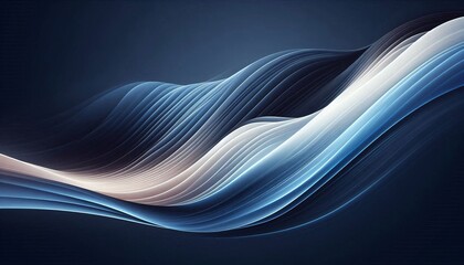 Abstract blue and black wave patterns flowing through a soft landscape background with gentle light