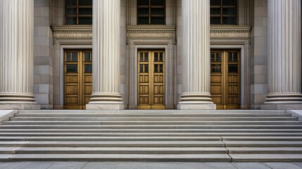 A grand building entrance with tall columns and three wooden doors, showcasing architectural design.