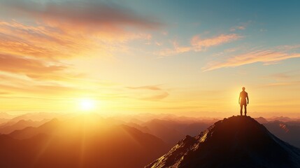 Silhouette of Man at Sunrise Over Mountain Range