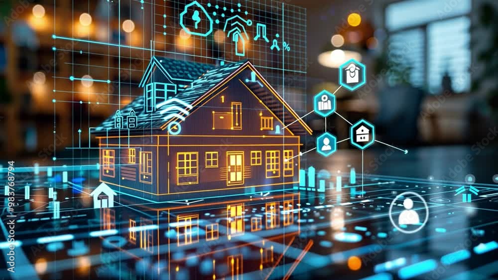 Poster a detailed digital representation of a smart home highlights innovative technology integration and m