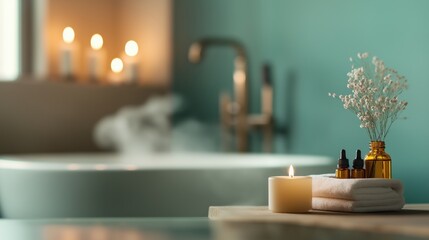 Experience tranquility in this serene spa setting featuring glowing candles, essential oils, and fresh flowers