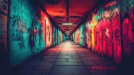 Fototapeta premium A vibrant graffiti-filled corridor with colorful walls and an illuminated pathway.