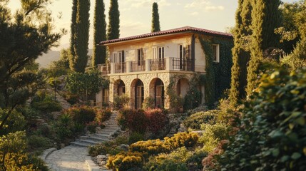 A charming stone house surrounded by lush gardens and tall trees in a serene landscape.