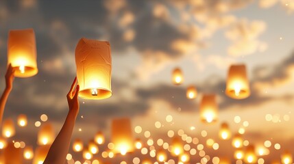 Floating Lanterns Under a Dreamy Sunset Sky