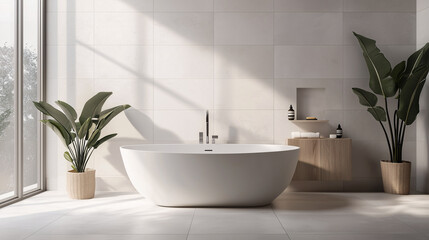 Fototapeta premium Minimalist bathroom with a freestanding tub, clean white tiles, and single piece of decor on the wall
