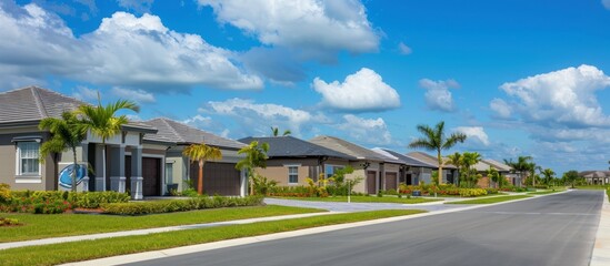 Suburban Street with Palm Trees and Blue Sky