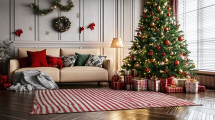 christmas decorated living room, decorated christmas tree, cozy blankets and pillows transparent background