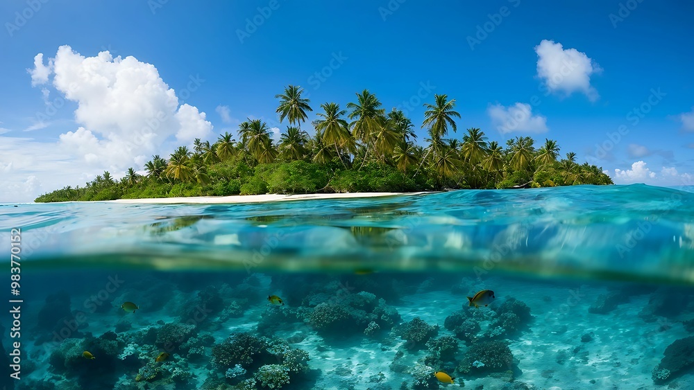 Wall mural crystal-clear turquoise sea reflecting blue sky, with an idyllic island covered in green palms_033