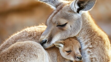 Fototapeta premium A kangaroo and its joey nestled together, showcasing maternal affection in nature.