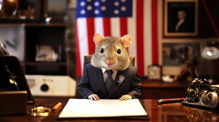 A humorous image of a mouse dressed in a suit sitting at a desk with an American flag in the background, resembling a government official.