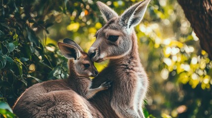 Fototapeta premium A tender moment between a kangaroo and its joey in a natural setting.