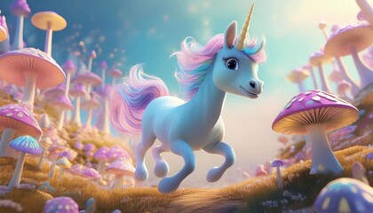 Obraz premium A whimsical unicorn gallops through a vibrant, magical landscape filled with colorful mushrooms under a dreamy sky.