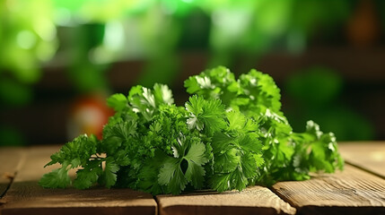 HD stock photo of a bunch of parsley greens on a wooden table with lush landscape backgrounds, bokeh panorama, and a play of light and shadow, capturing contemplative absurdity