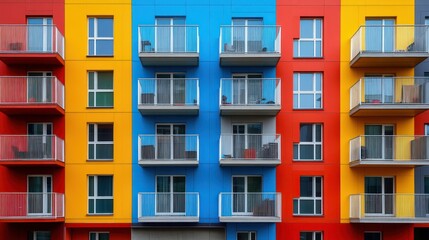 A colorful modern apartment building with balconies in vibrant hues of blue, red, and yellow.