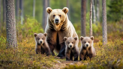 Fototapeta premium A mother bear with her two cubs in a serene forest setting.