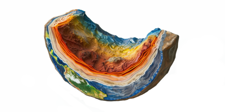 3D cross-section illustrating Earth’s layers from crust to inner core with detailed depth representation