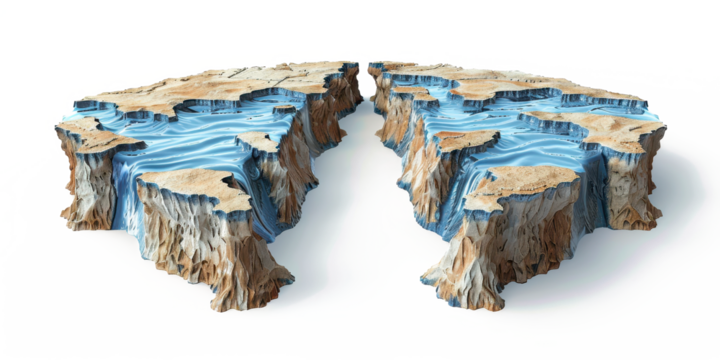 Illustration depicting a divergent boundary between tectonic plates with surrounding water on a plain white background