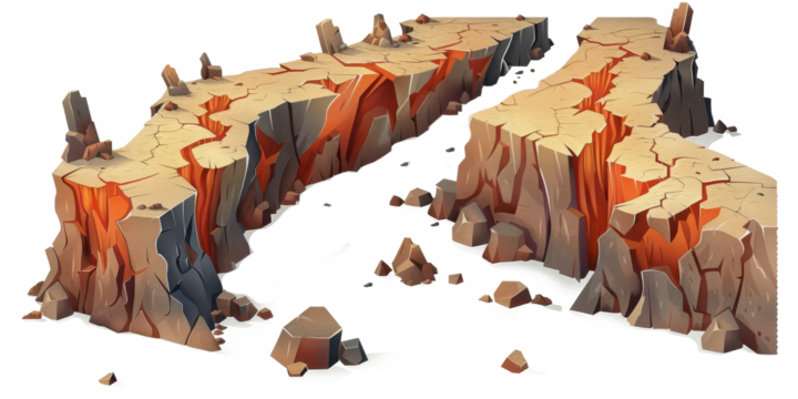 Illustration of a divergent boundary between tectonic plates highlighting geological features