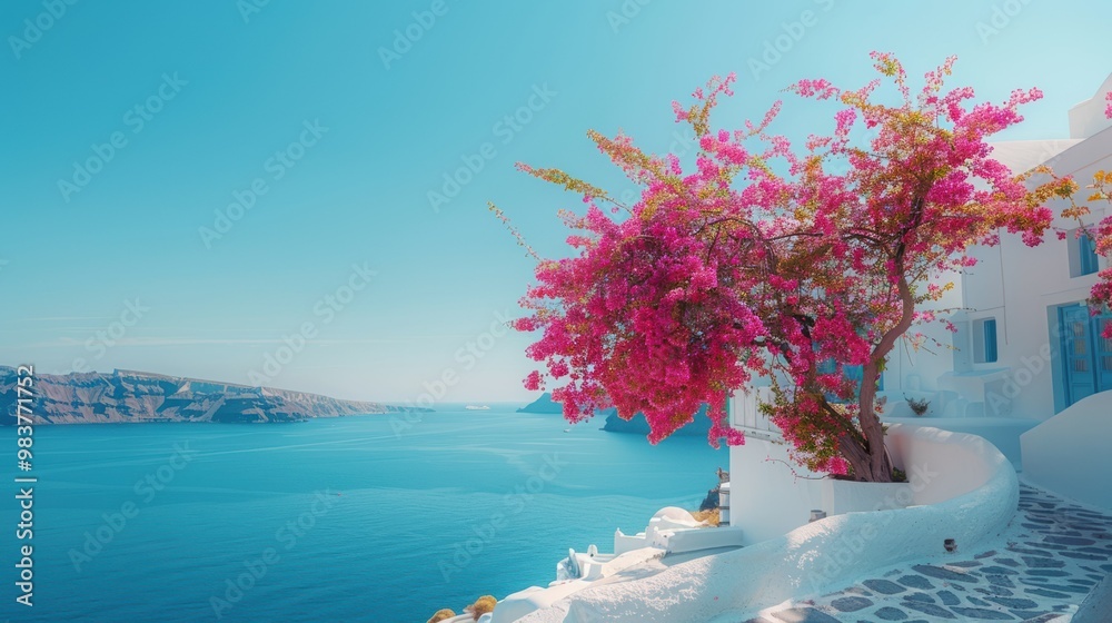 Wall mural minimalist santorini view with white houses and pink trees