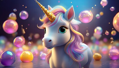 Fototapeta premium A charming unicorn with a sparkling horn and colorful mane amidst shimmering bubbles.