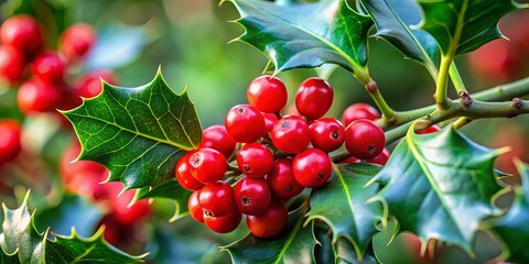 Close-up view of glistening green holly leaves and bright red berries with copy space.