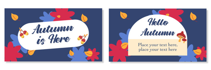 Fototapeta premium happy thanksgiving greeting or autumn fall season flat background with maple leaves or leaf Vector illustration for Thanksgiving autumn, harvest festival. Template for poster, banner, cards