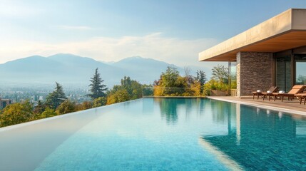 Fototapeta premium Luxurious infinity pool overlooking mountains and a scenic landscape at sunset.