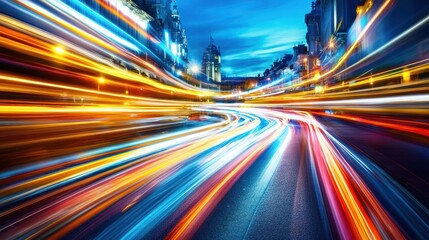 A vibrant cityscape at twilight, showcasing dynamic light trails from moving vehicles.