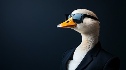 Naklejka premium A stylish duck wearing sunglasses and a suit, striking a confident pose against a dark background. Humorous and creative concept.