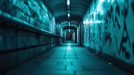 Fototapeta premium A dimly lit tunnel with graffiti on the walls, creating an urban atmosphere.