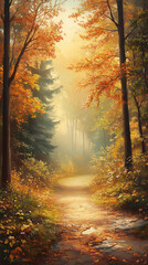Fototapeta premium Autumn Equinox Day, quiet path through the forest, Trees in vibrant autumn colors, Sunlight creating a soft glow, Crisp and cool air, Calm and serene, Symbolizing the balance of the equinox
