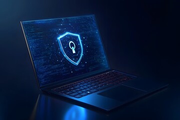 Laptop with a digital shield and lock on the screen, signifying data protection in a cybersecurity concept.