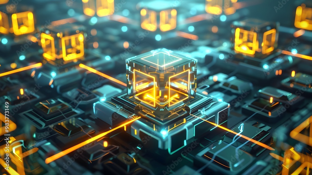 Poster a peer-to-peer network with a series of glowing, decentralized nodes providing a lookup service akin