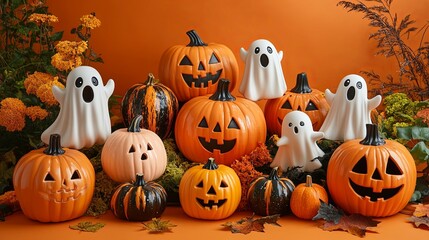 Halloween Decor with Pumpkins, Ghosts, and Fall Foliage