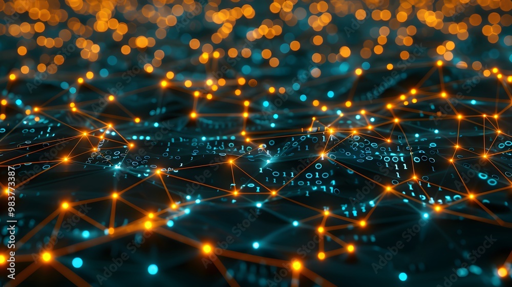 Poster a peer-to-peer network with a series of glowing, decentralized nodes providing a lookup service akin