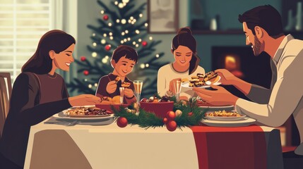 Generative AI illustration of happy family gathering at festive table and eating appetizing food while celebrating Christmas together having dinner at home transparent background