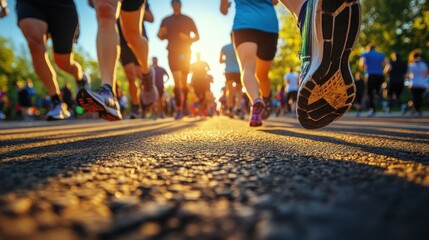 Runners participating in a race during sunset, capturing the energy and movement of the event.