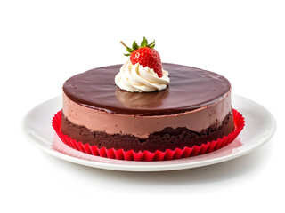 Delicious chocolate mousse flavor cake with vanilla and cream filling in a strawberry topping isolated on a white background with copy space
