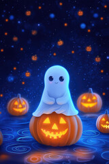 A cute ghost perched on a carved pumpkin, surrounded by glowing pumpkins and a starry night sky, perfect for Halloween themes.