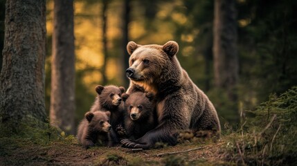 Fototapeta premium A mother bear and her three cubs resting in a serene forest setting.