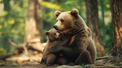 A mother bear embraces her cub in a serene forest setting, showcasing their bond.