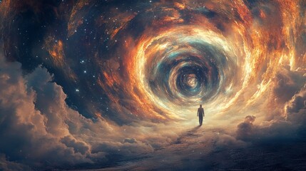 A mystical portal opens in the sky, revealing a swirling vortex of stars and cosmic dust leading to an alternate universe, vibrant and surreal