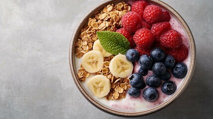 Yogurt Parfait with Granola, Banana, Raspberries, and Blueberries