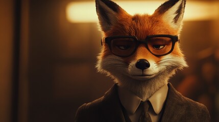 Obraz premium A trendy, anthropomorphic fox dressed in stylish attire wearing glasses, exuding sophistication and charm in a warm, dimly lit room.