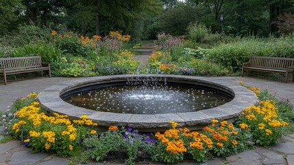 A natural stone circular water feature in a botanical garden, with water flowing smoothly into a shallow pool, surrounded by colorful flowers and benches