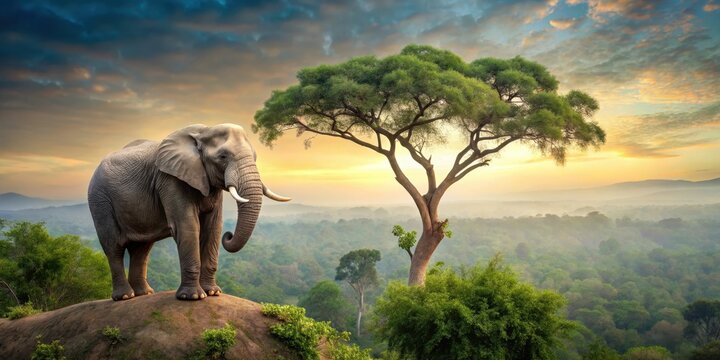 Lonely elephant sitting on top of a tall tree in the jungle, lonely, elephant, tree, wildlife, nature, animal, isolated, alone